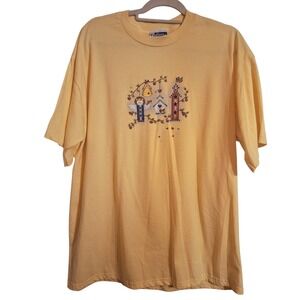 Vintage Endless Designs Made In USA Women's Size 1X Yellow Birdhouse T-Shirt